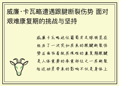 威廉·卡瓦略遭遇跟腱断裂伤势 面对艰难康复期的挑战与坚持
